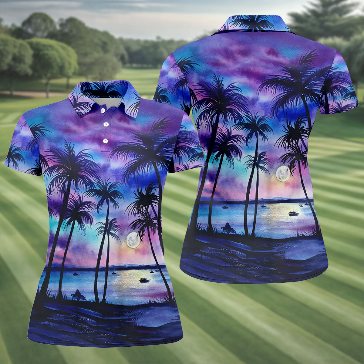 Moonlit Tropical Beach Palm Tree Golf Shirt, Women's Golf Shirt, Hawaiian Golf Shirt, Golf Polo For Women