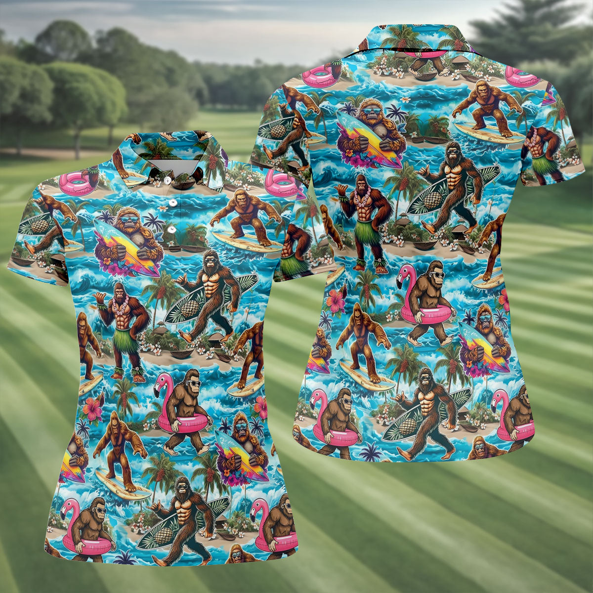 Funny Bigfoot Hawaiian Golf Shirt, Beach Theme Women's Golf Tops, Ladies Golf Shirts