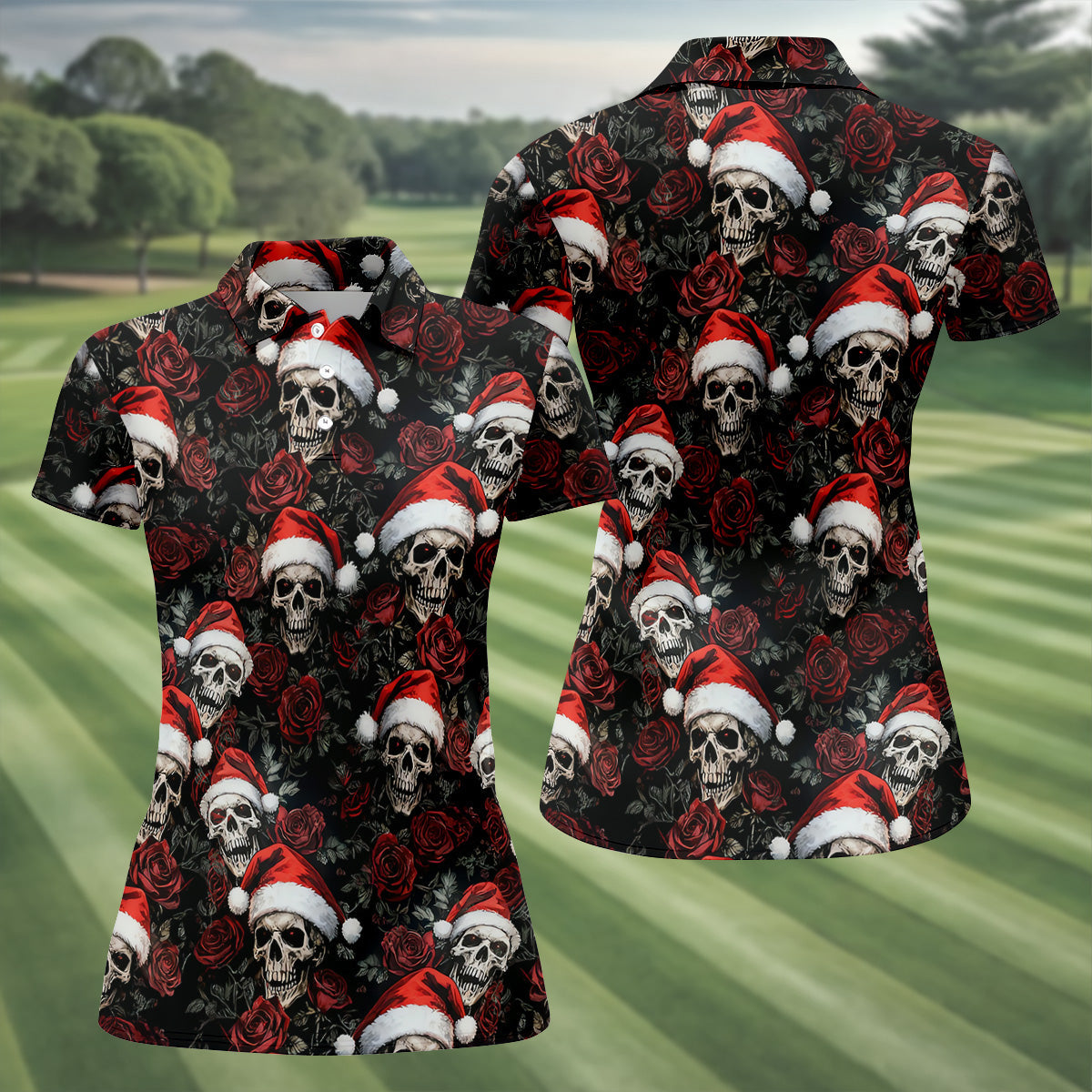 Vintage Skull And Roses Christmas Golf Shirt, Cool Golf Outfit, Ladies Golf Shirts, Women's Polo Shirt