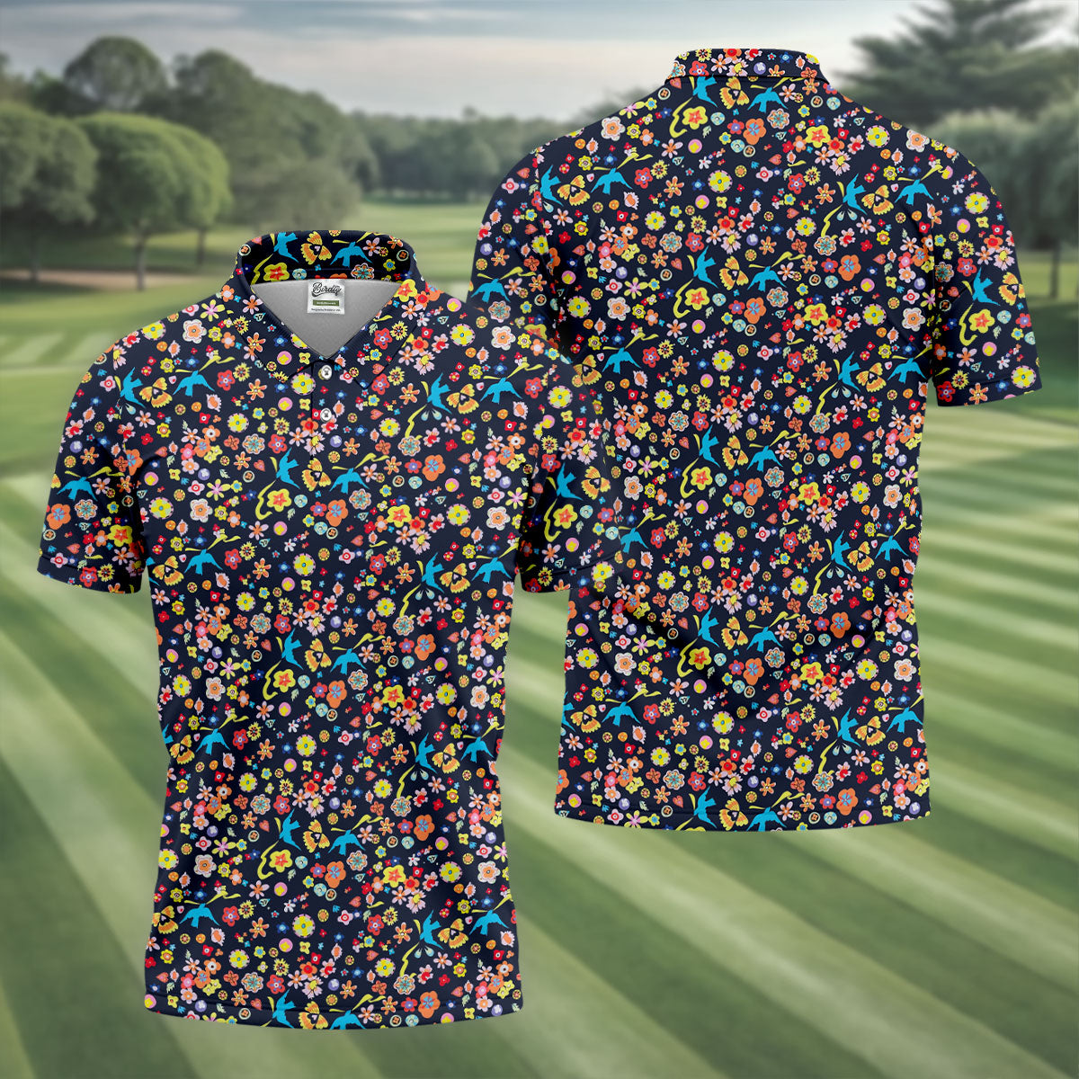 Colorful Floral Bird Garden Golf Shirt, Mens Golf Polo, Printed Golf Shirts