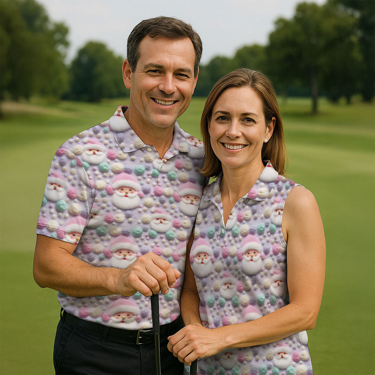 Knit Santa Pastel Pattern Women's Golf Tops, Christmas Golf Shirt, Cute Golf Outfit, Ladies Golf Shirts