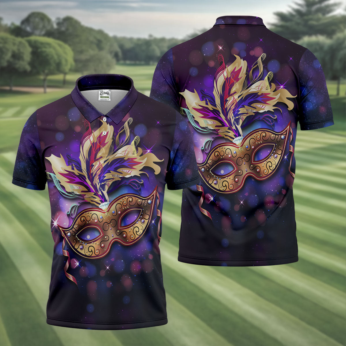 Mardi Gras Mask Feather Ribbon Purple Golf Shirt, Polo ShirtFor Men, Golf Shirts For Men