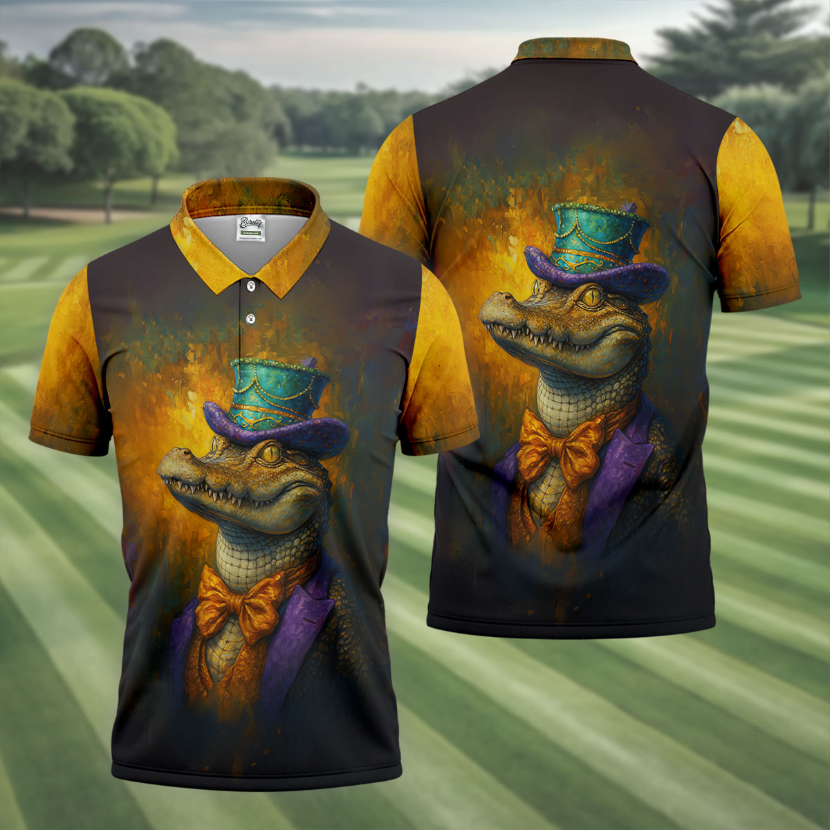 Mardi Gras Aligator Retro Golf Shirt, Golf Tops For Men, Polo ShirtFor Men, Golf Shirts For Men