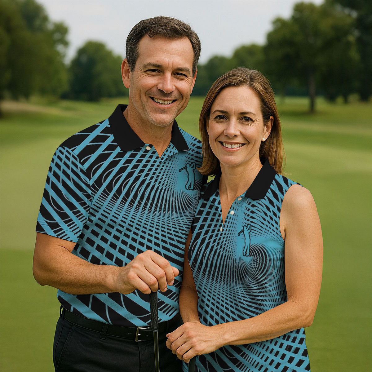 Swirling Vortex Black And Light Blue Golf Shirts For Men, Polo ShirtFor Men, Golfing Apparel