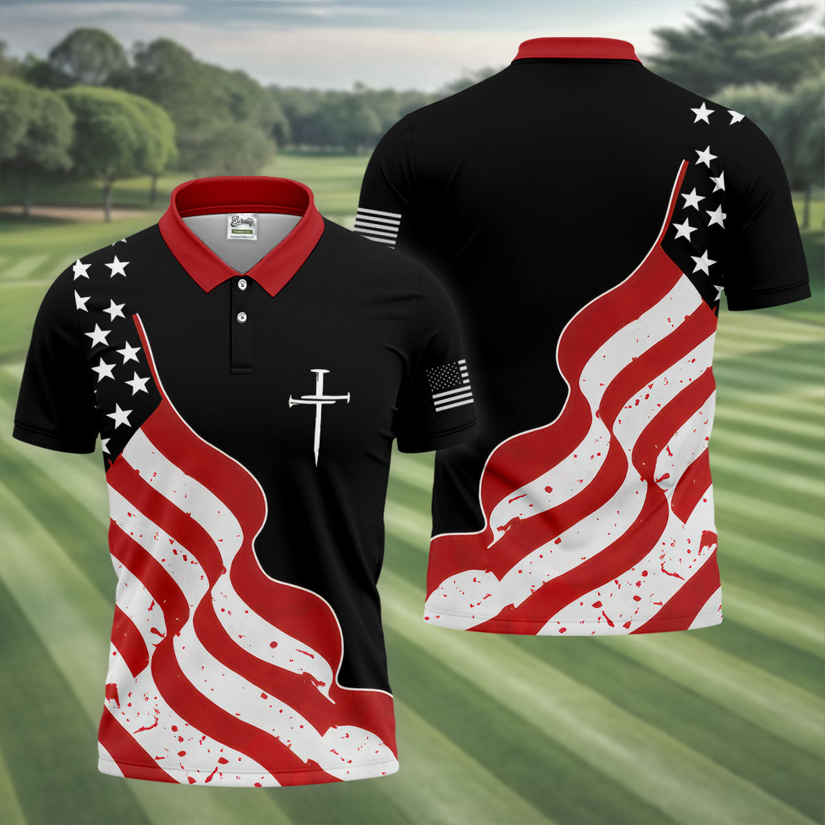 Faith Cross America 250th Anniversary 4th Of July Shirt, Patriotic Black Golf Shirts For Men