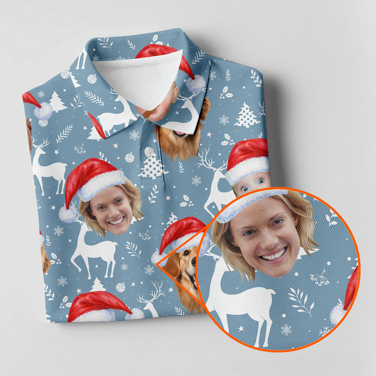 Custom Face Reindeer Pattern Ice Blue Christmas Golf Shirt, Women's Golf Tops, Golf Gift For Ladies