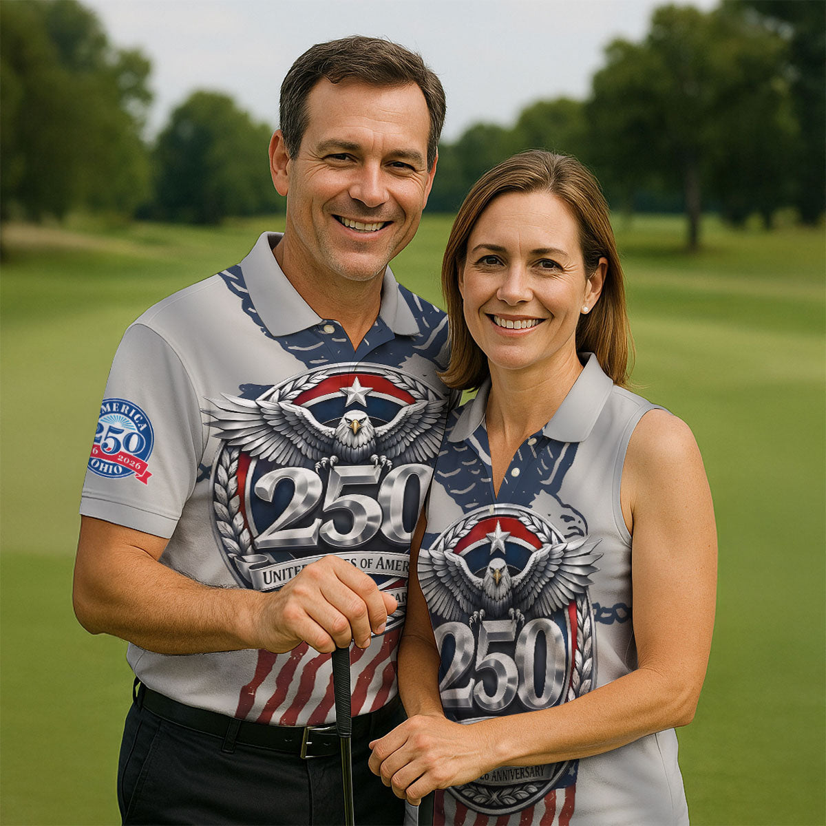 250 US 1776-2026 Anniversary Silver Print Golf Tops For Men, Patriotic 4th Of July Golf Shirts For Men