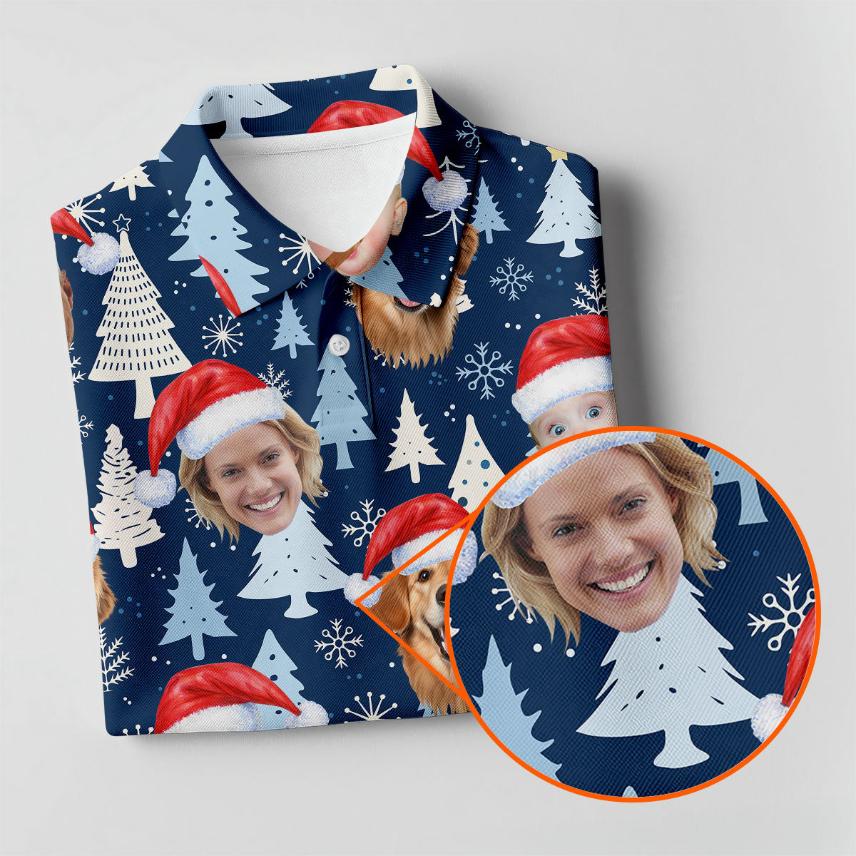 Custom Face Pine Tree Pattern White And Navy Christmas Golf Shirt, Ladies Golf Shirts, Golf Gifts For Women