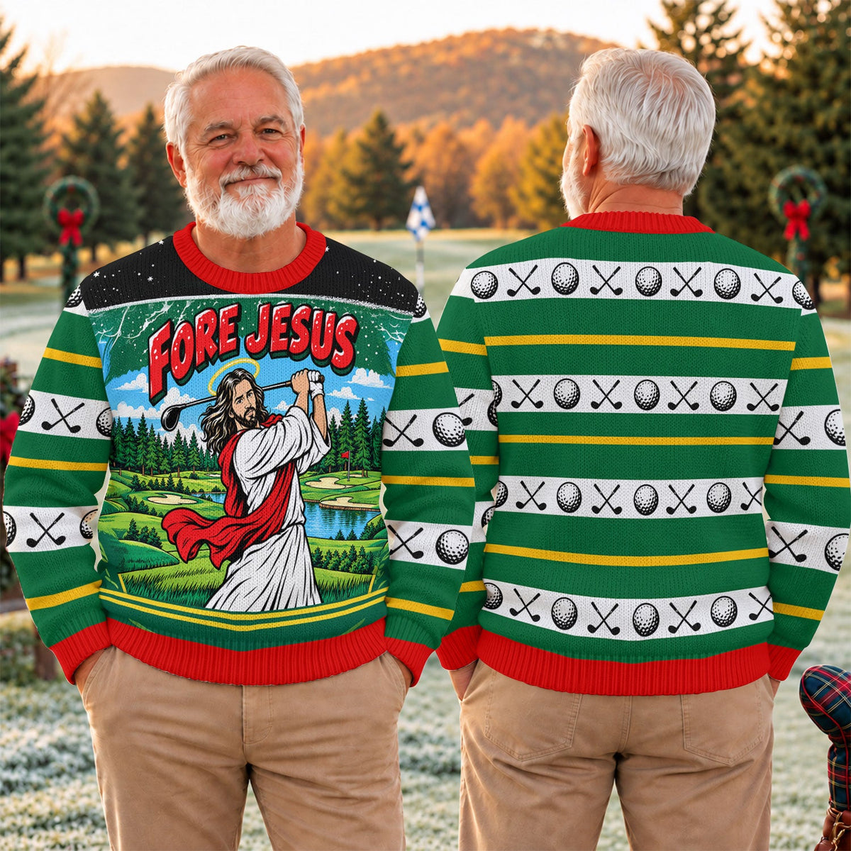 Fore Jesus Golf Swing Ugly Christmas Sweater, Funny Xmas Gift, Christmas Party Outfit