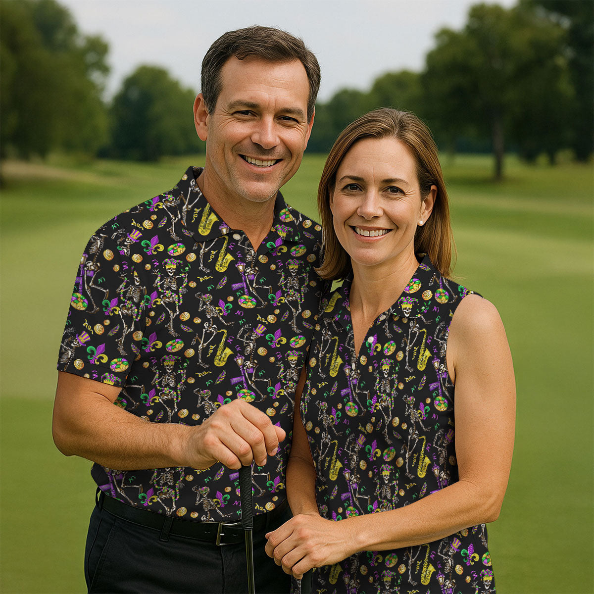 Dancing Skeleton Mardi Gras Fleur De Lis Black Golf Shirt, Polo ShirtFor Men, Golf Shirts For Men