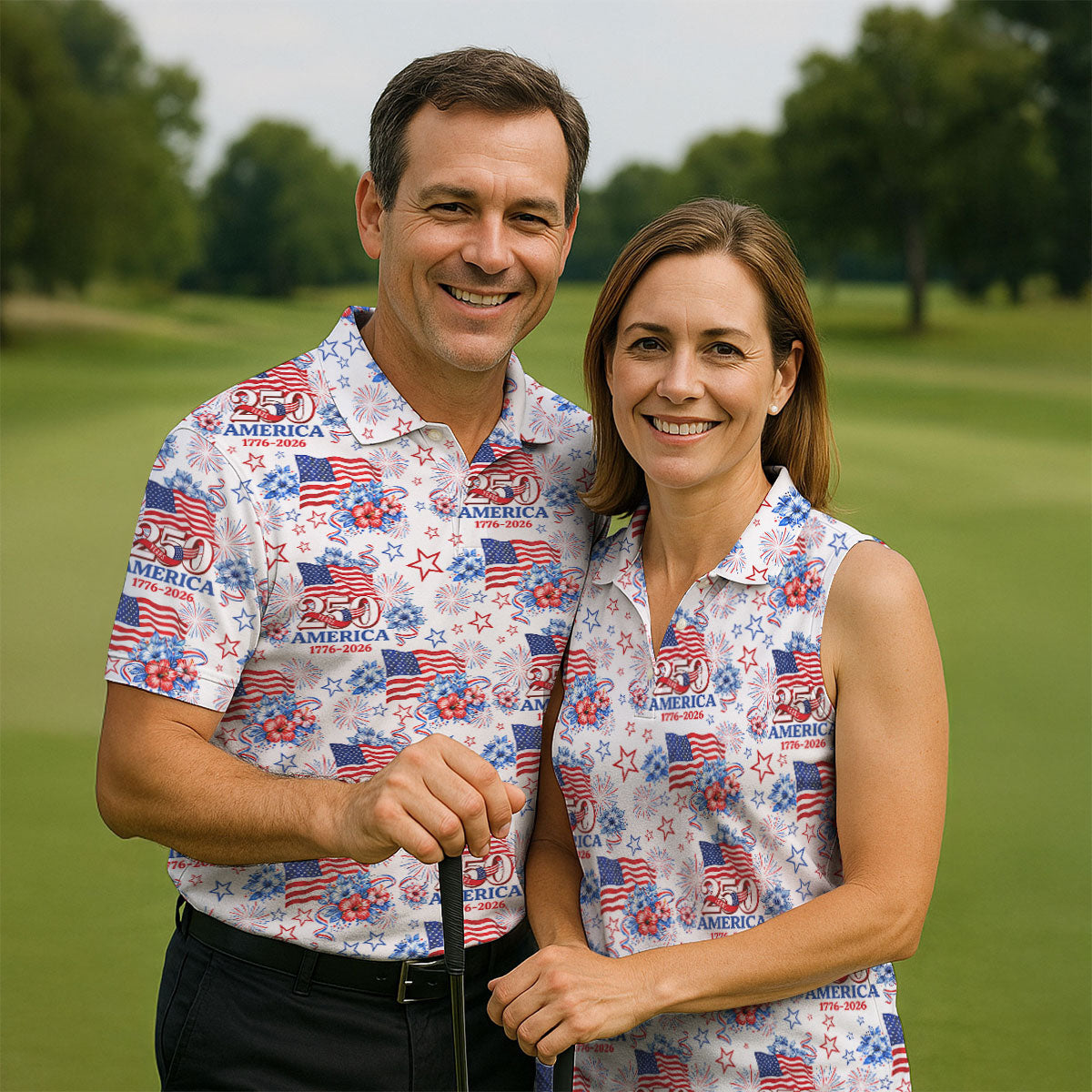 250 Years America 1776-2026 Hibiscus Tropical Flowers 4th Of July Golf Shirt, Golf Shirt For Women