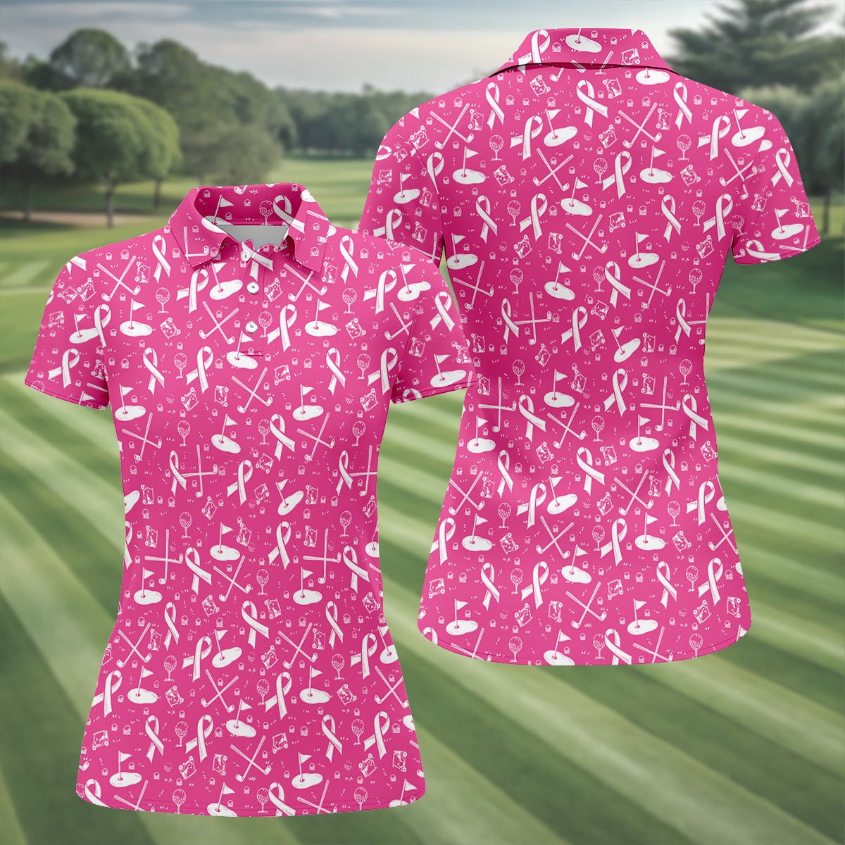 Awareness Ribbon Hot Pink Golf Shirt, Cancer Awareness Shirt, Ladies Golf Shirts, Golfing Apparel