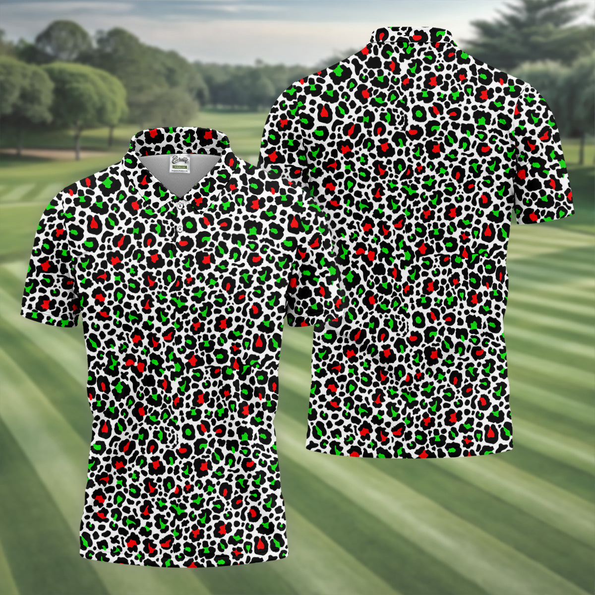 Leopard Pattern Xmas Pine Tree Green And Red Golf Tops For Men, Christmas Golf Shirt, Polo Shirt Men