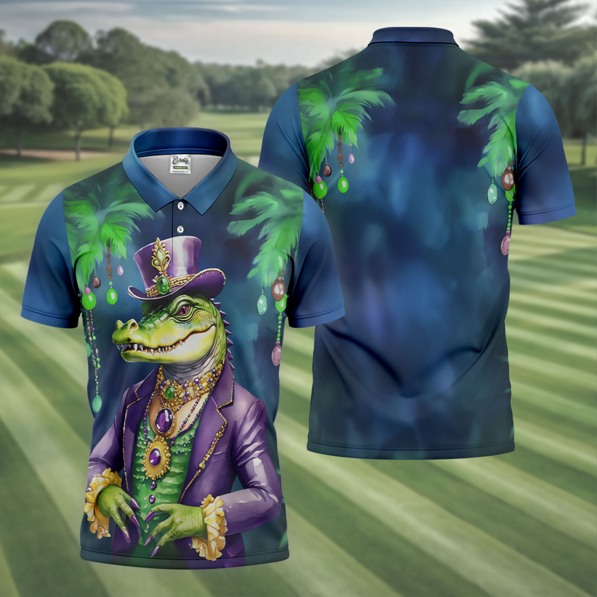 Mardi Gras Alligator Navy Golf Shirt, Men's Funny Golf Shirts, Polo ShirtFor Men, Golf Shirts For Men