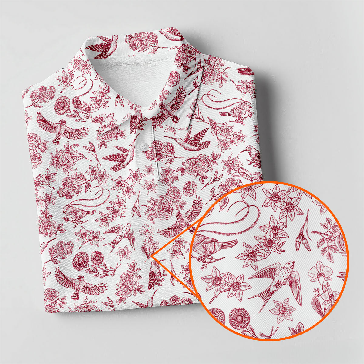Custom Name Toile de Jouy Birds And Flowers White And Red Women Golf Top, Ladies Golf Polos