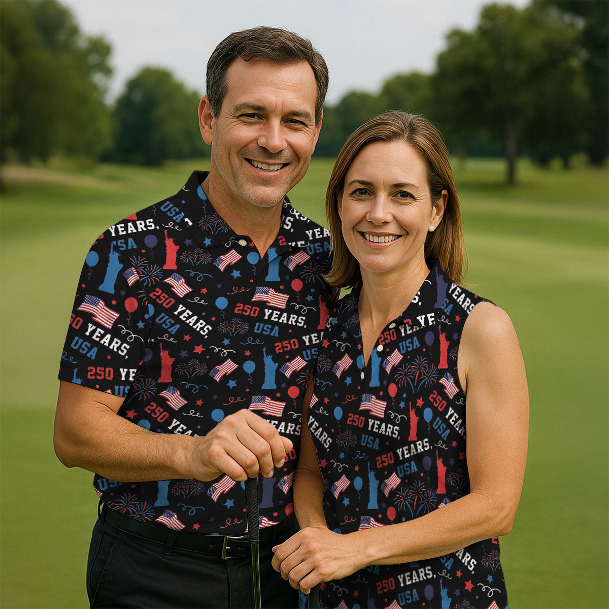 250 Years USA Red White Blue Seamless Pattern Black Golf Shirt, Patriotic 4th Of July Golf Shirts For Men