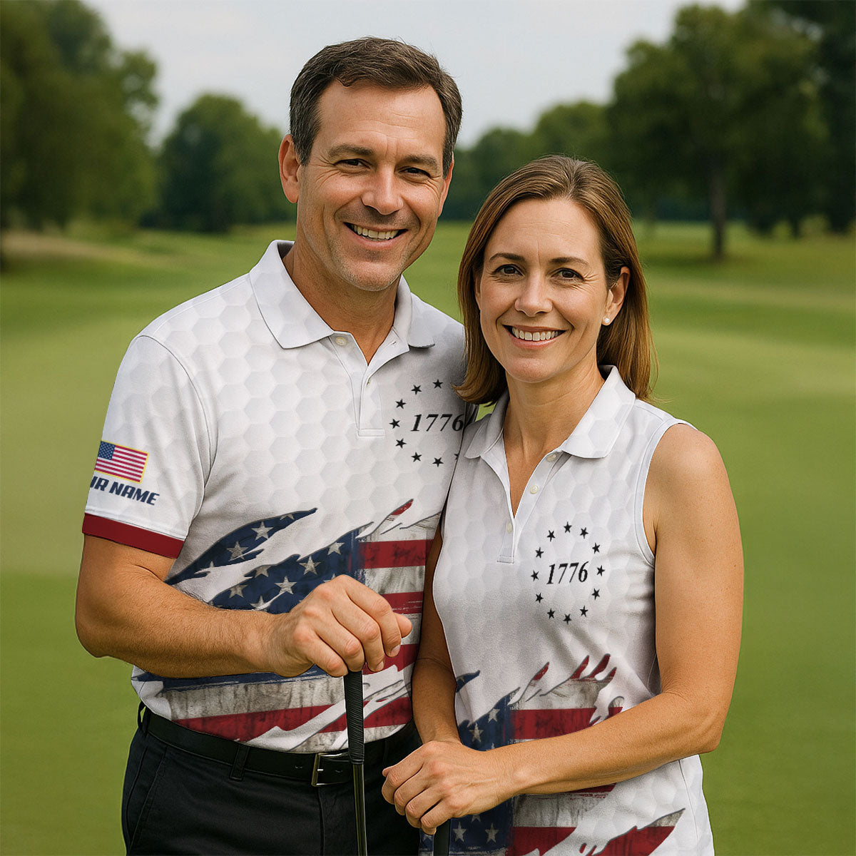 American Flag 1776 Golf Ball Pattern Golf Shirts For Men, 250th Anniversary Polo Shirt Men