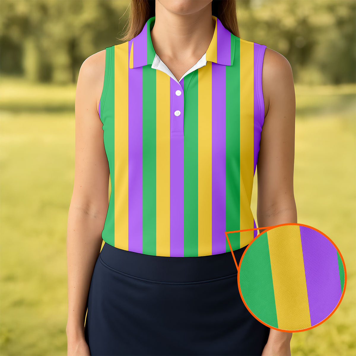 Green Gold Purple Vertical Stripe Mardi Gras Golf Shirt, Women's Golf Shirts, Ladies Golf Polos