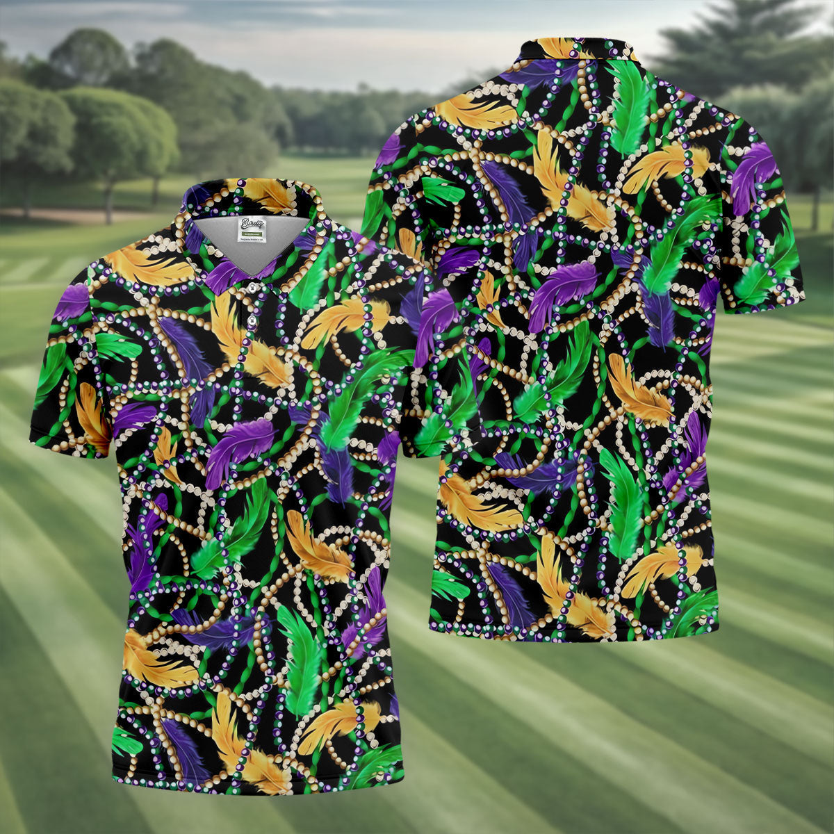 Purple Green Gold Feather Beads Mardi Gras Golf Shirt, Polo ShirtFor Men, Golf Shirts For Men