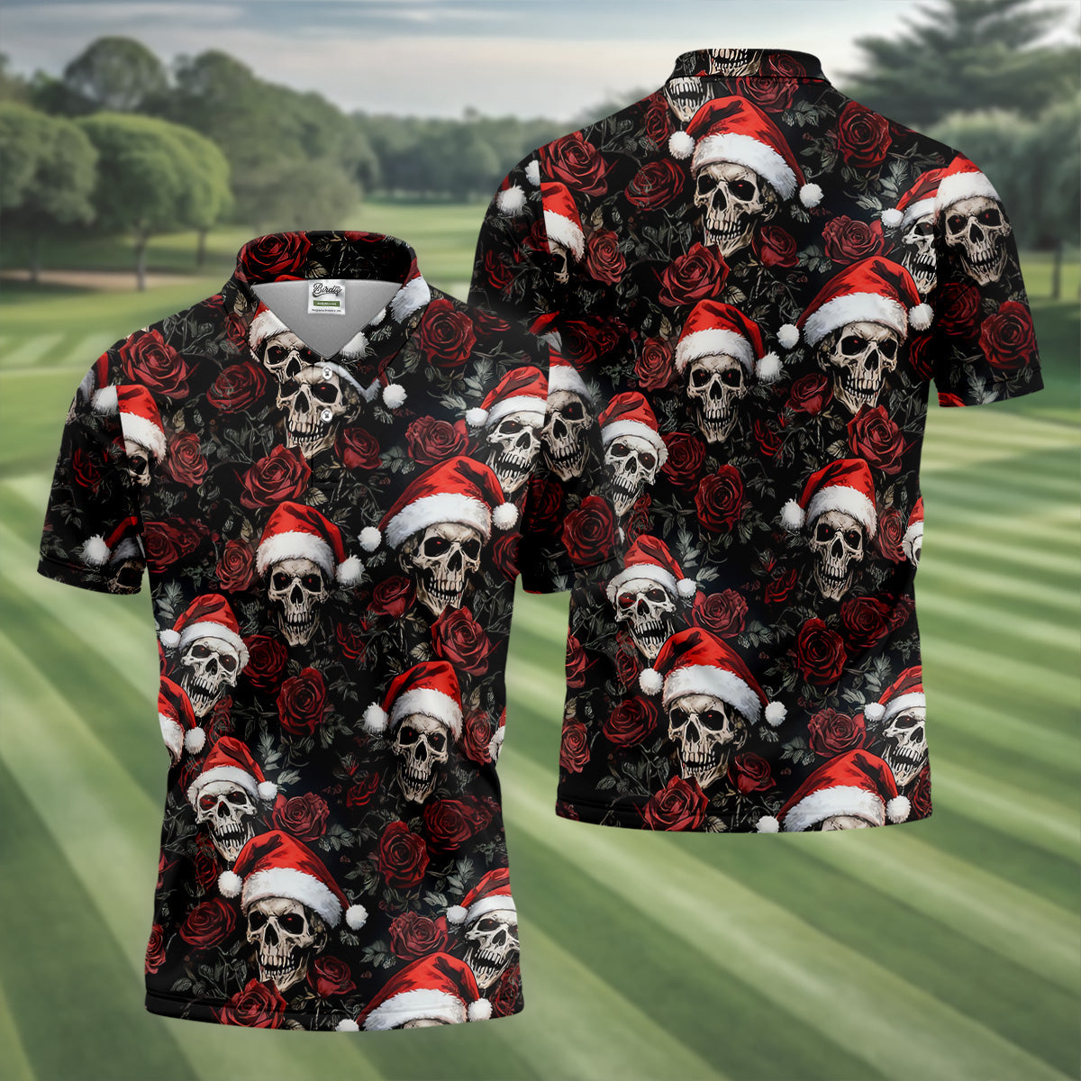 Vintage Skull And Roses Christmas Golf Shirt, Cool Golf Outfit, Polo Shirtor Men, Golf Shirts For Men