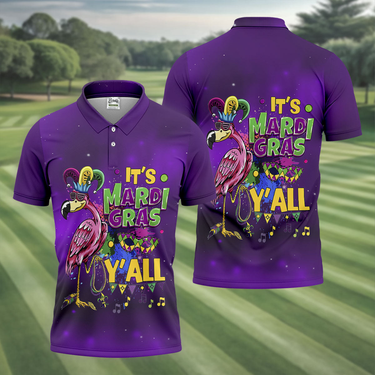 It's Mardi Gras Y'All Funny Flamingo Purple Golf Shirt, Polo ShirtFor Men, Golf Shirts For Men