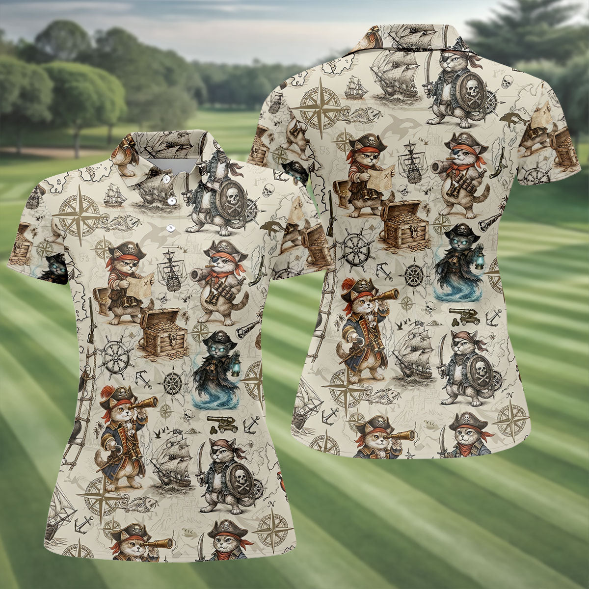 Vintage Pirate Cat Treasure Map Adventure Golf Shirt, Women's Golf Shirt, Golf Polo For Women, Golf Shirts For Women