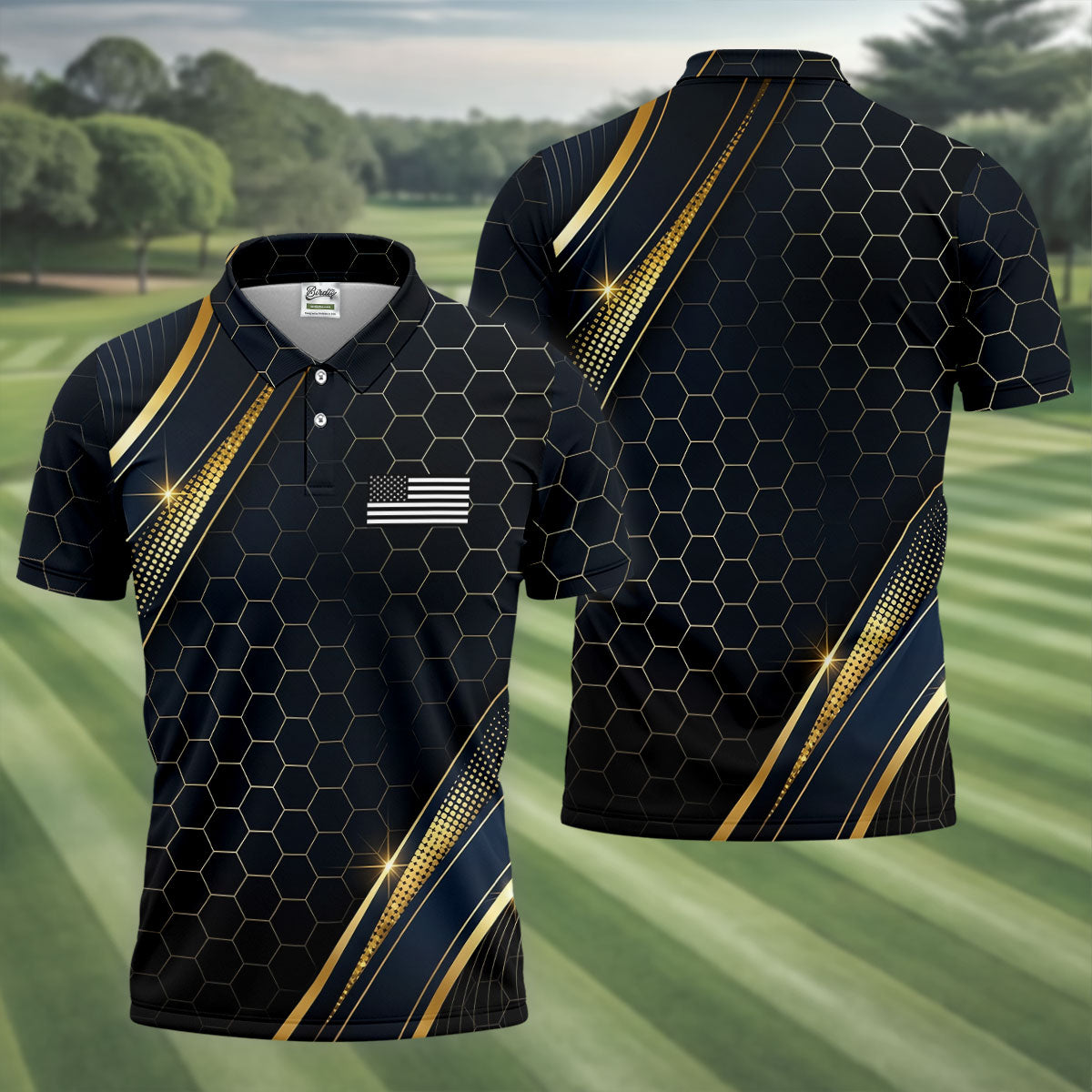 Gold Hexagonal US Flag Logo Retro Golf Shirt, 250 Years Patriotic 4th Of July Golf Shirts For Men