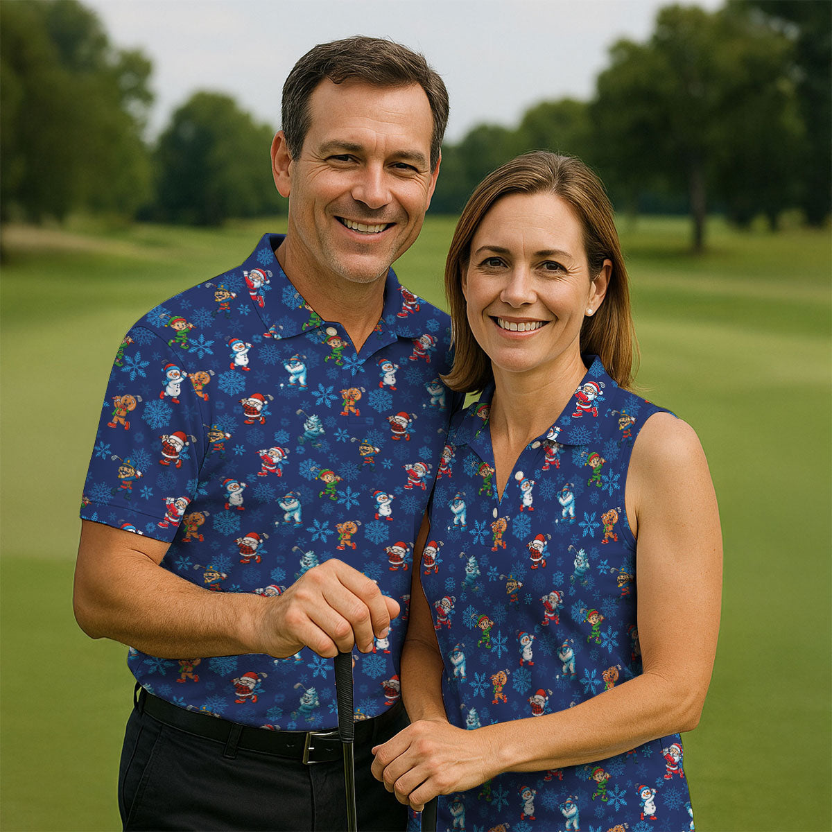 Funny Christmas Characters Golf Pose Navy Golf Shirt, Christmas Golf Shirt, Ladies Golf Shirts, Women's Polo Shirt