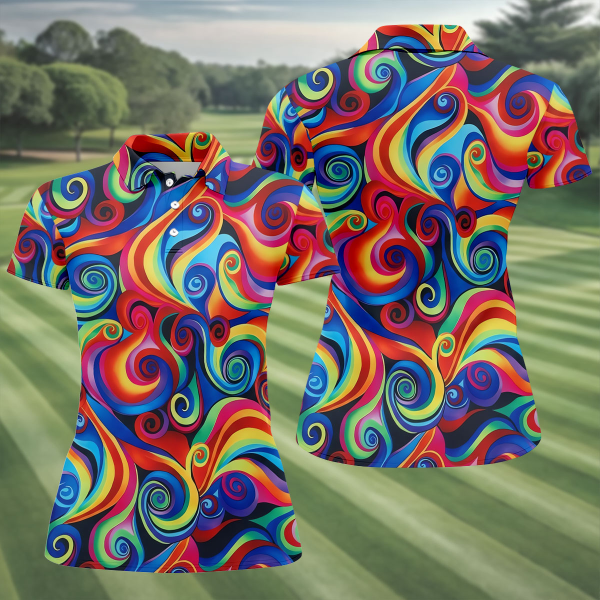 Colorful Rainbow Swirl Abstract Golf Shirt, Ladies Golf Shirts, Women’s Golf Apparel, Performance Golf Shirt