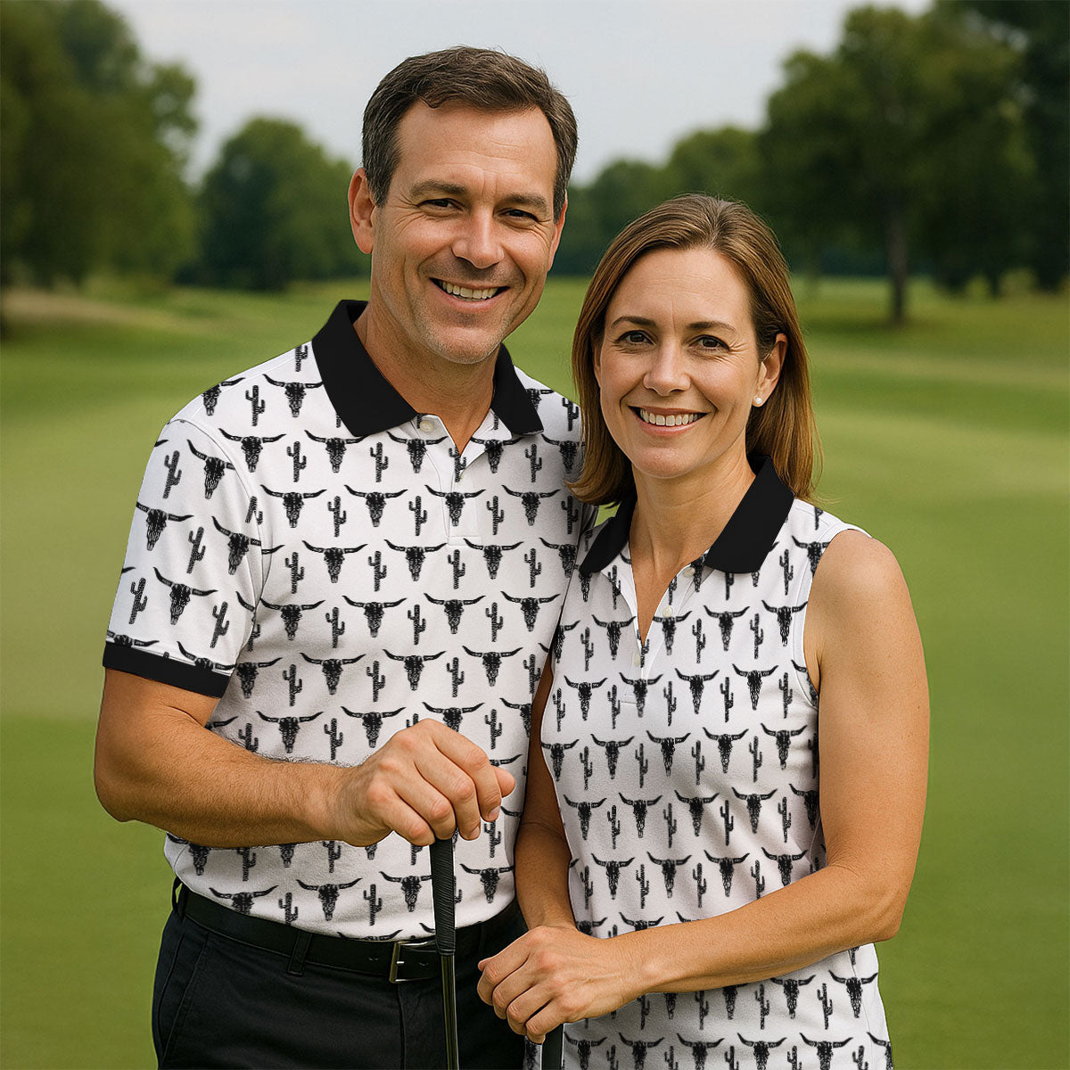 Longhorn Cow Skull Western Theme White Golf Tops For Men, Polo Shirtor Men, Golf Shirts For Men