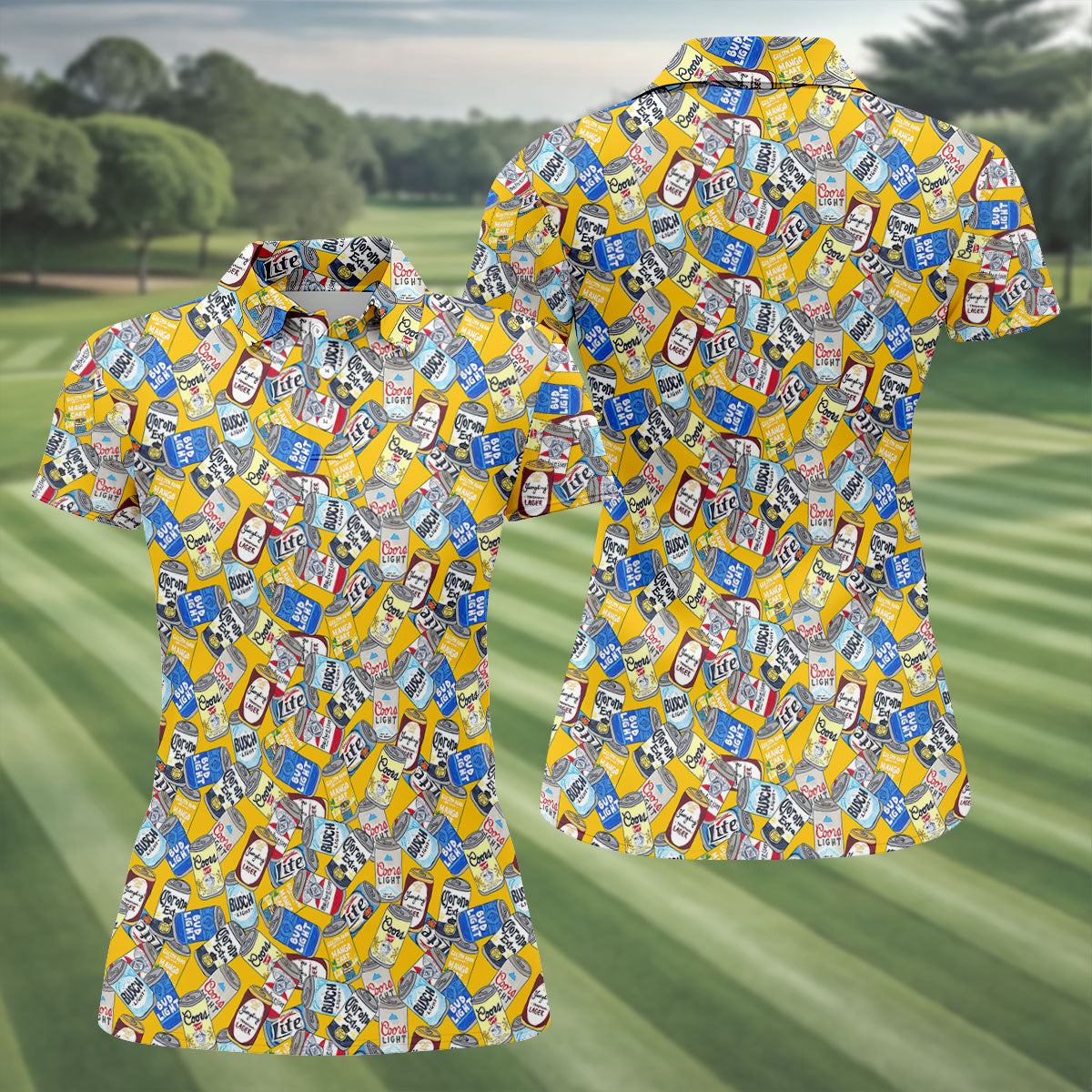 American Beer Cans Yellow Golf Shirt, Ladies Golf Shirts, Golf And Beer Golf Shirt For Women