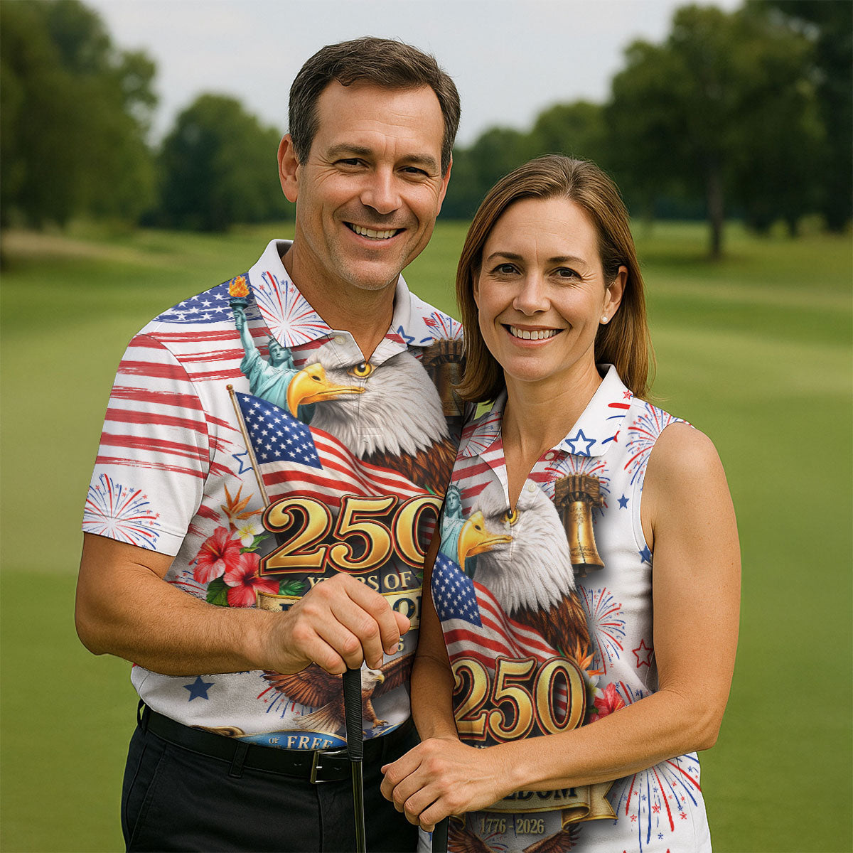 250 Years Of Freedom 1776-2026 White 4th Of July Golf Shirts For Men, 250th Anniversary Patriotic Golf Shirt