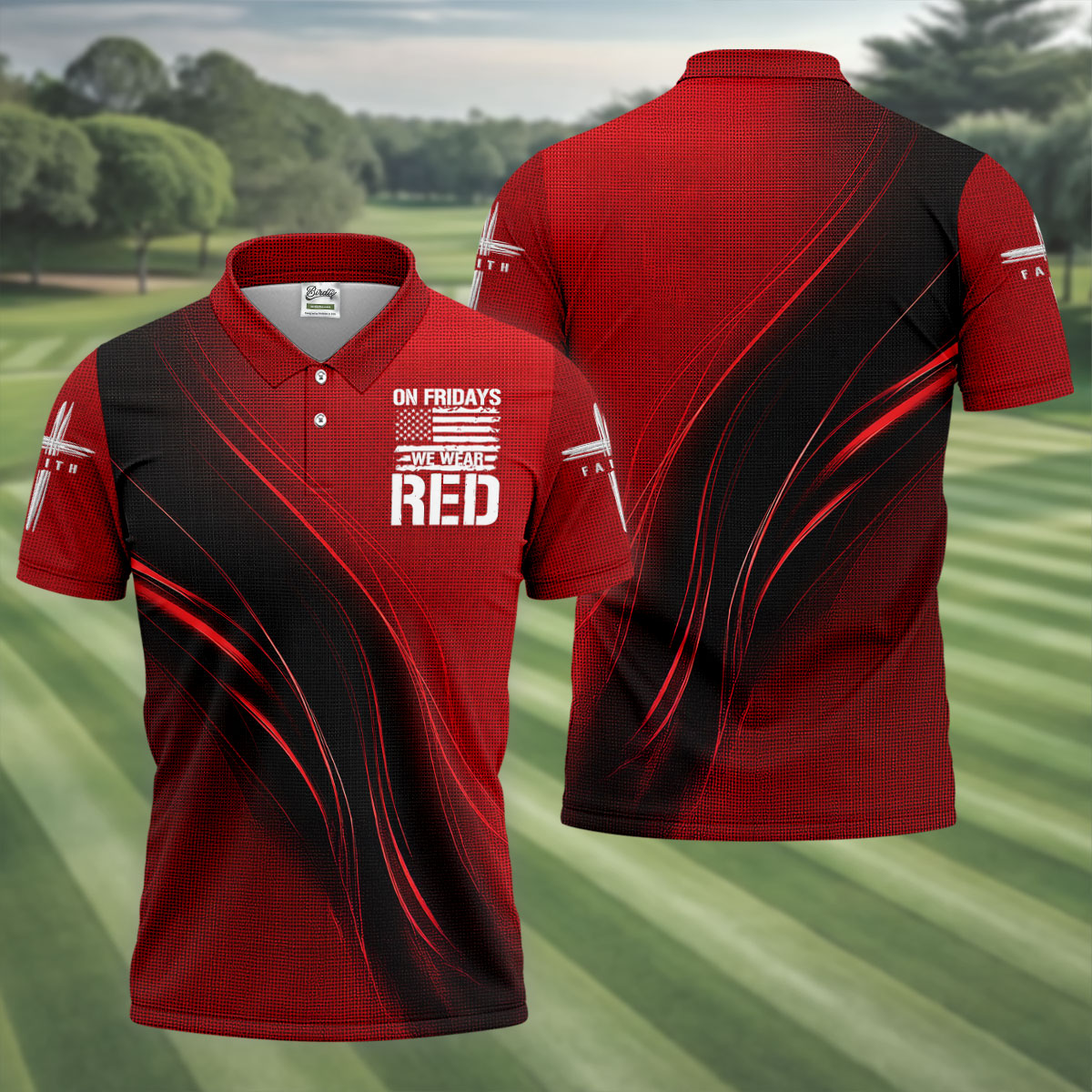On Friday We Wear Red Faith Cross Red Black Gradient Patriotic Golf Shirt, 250 Years Polo Shirt Men
