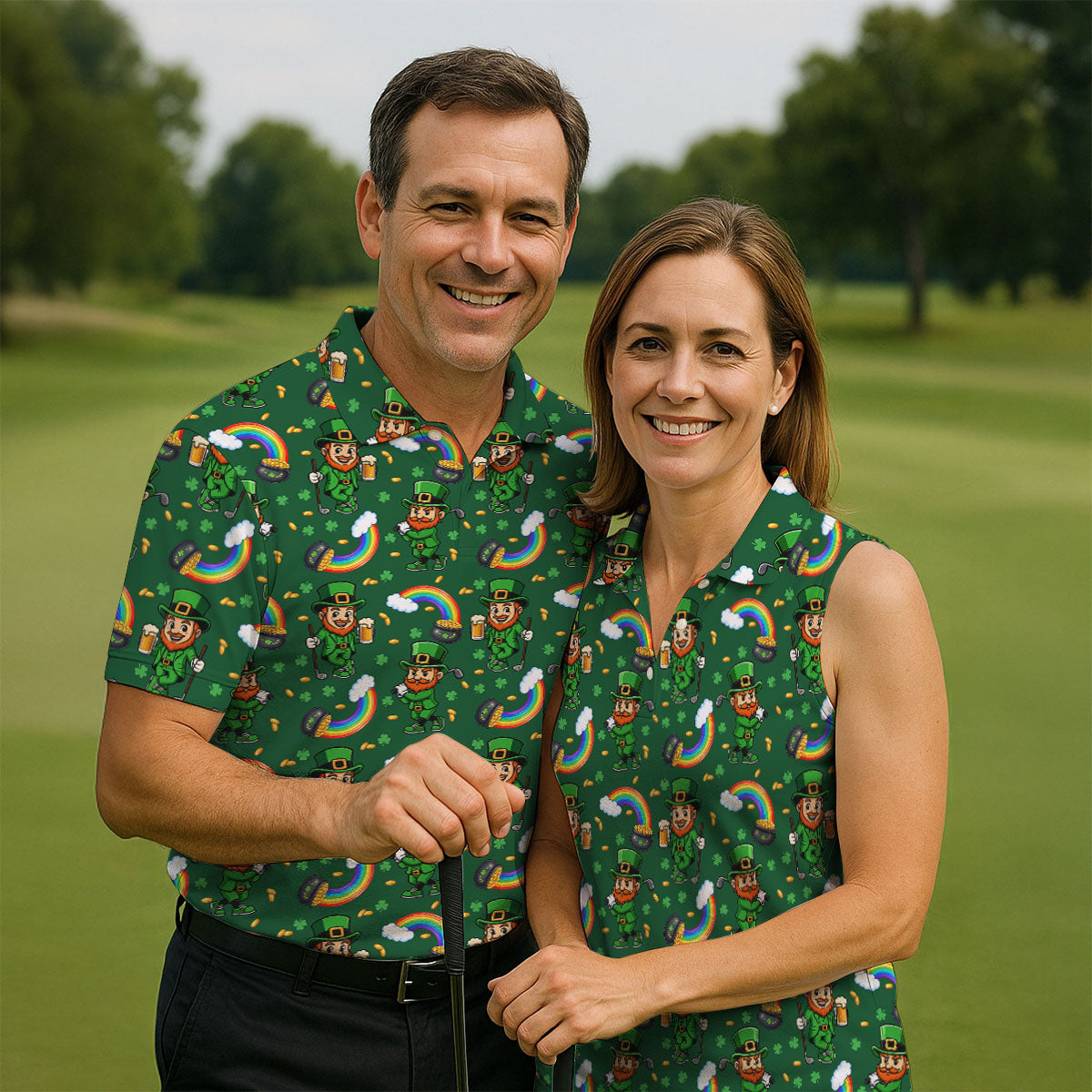 St Patrick's Day Leprechaun Golf Pose Rainbow Gold Pot Shamrock Golf Shirt, Golf Tops For Men, Golf Shirts For Men