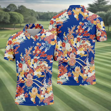 Royal Blue Japanese Floral Pattern Golf Shirt, Mens Golf Apparel, Printed Golf Shirts