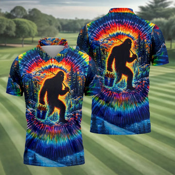 Tie Dye Bigfoot Fishing Forest Golf Shirt, Mens Golf Apparel, Printed Golf Shirts