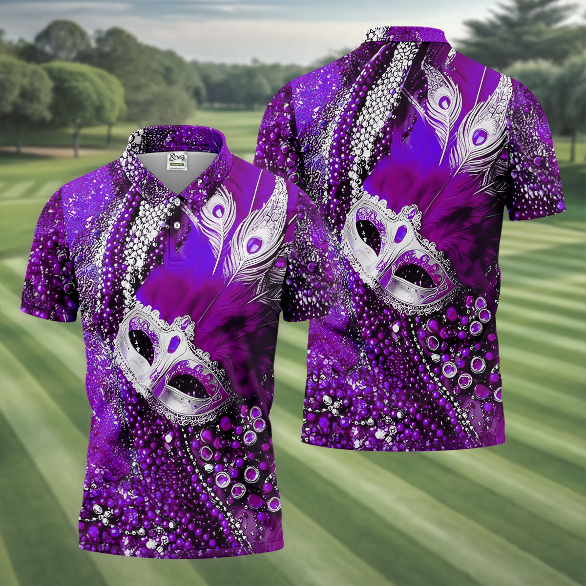 Mardi Gras Masquerade Mask Feather Beads Purple Golf Shirt, Polo ShirtFor Men, Golf Shirts For Men