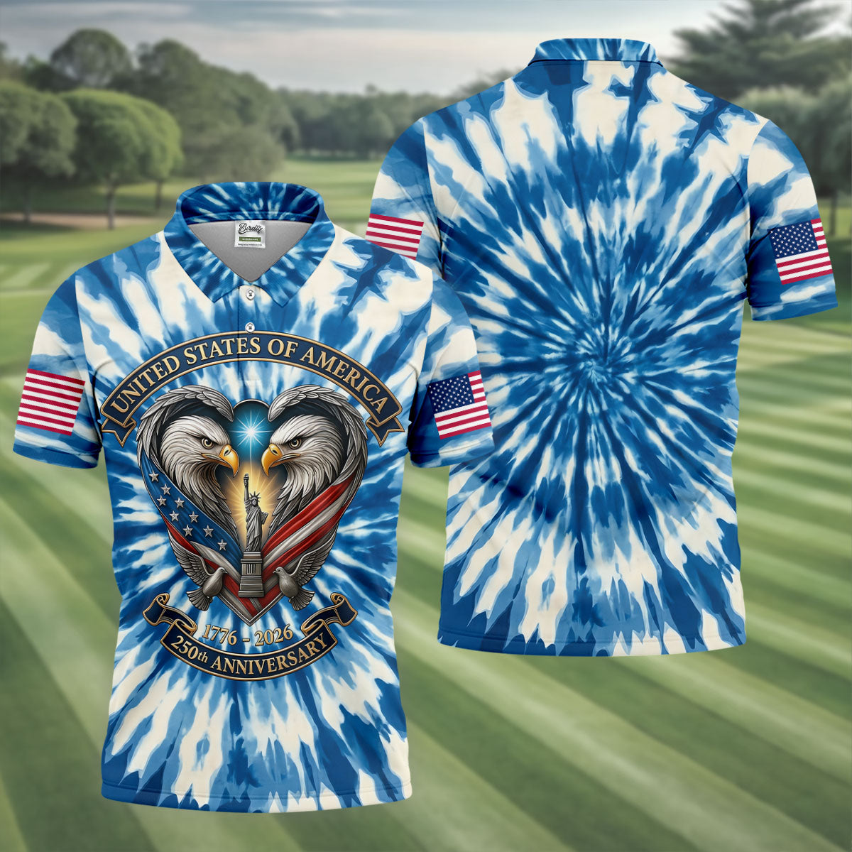 USA 250th Anniversary Tie Dye Print Bald Eagle Golf Shirt, Patriotic 4th Of July Golf Shirts For Men
