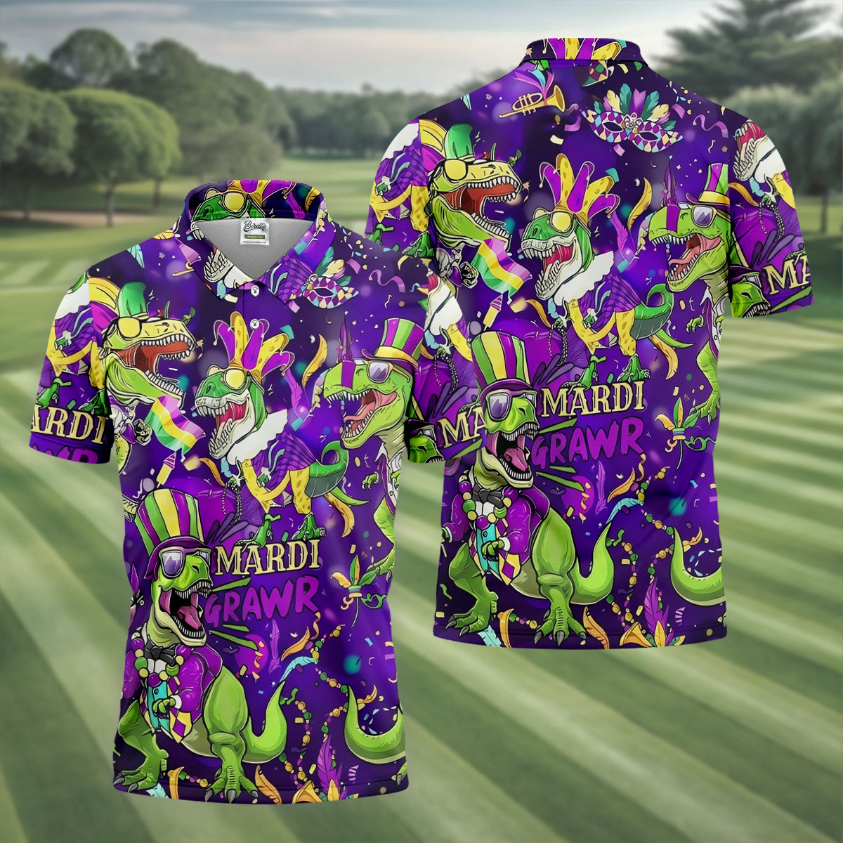 Mardi Grawr Purple Green Gold Funny Dinosaur Mardi Gras Golf Shirt, Golf Shirts For Men, Polo ShirtFor Men
