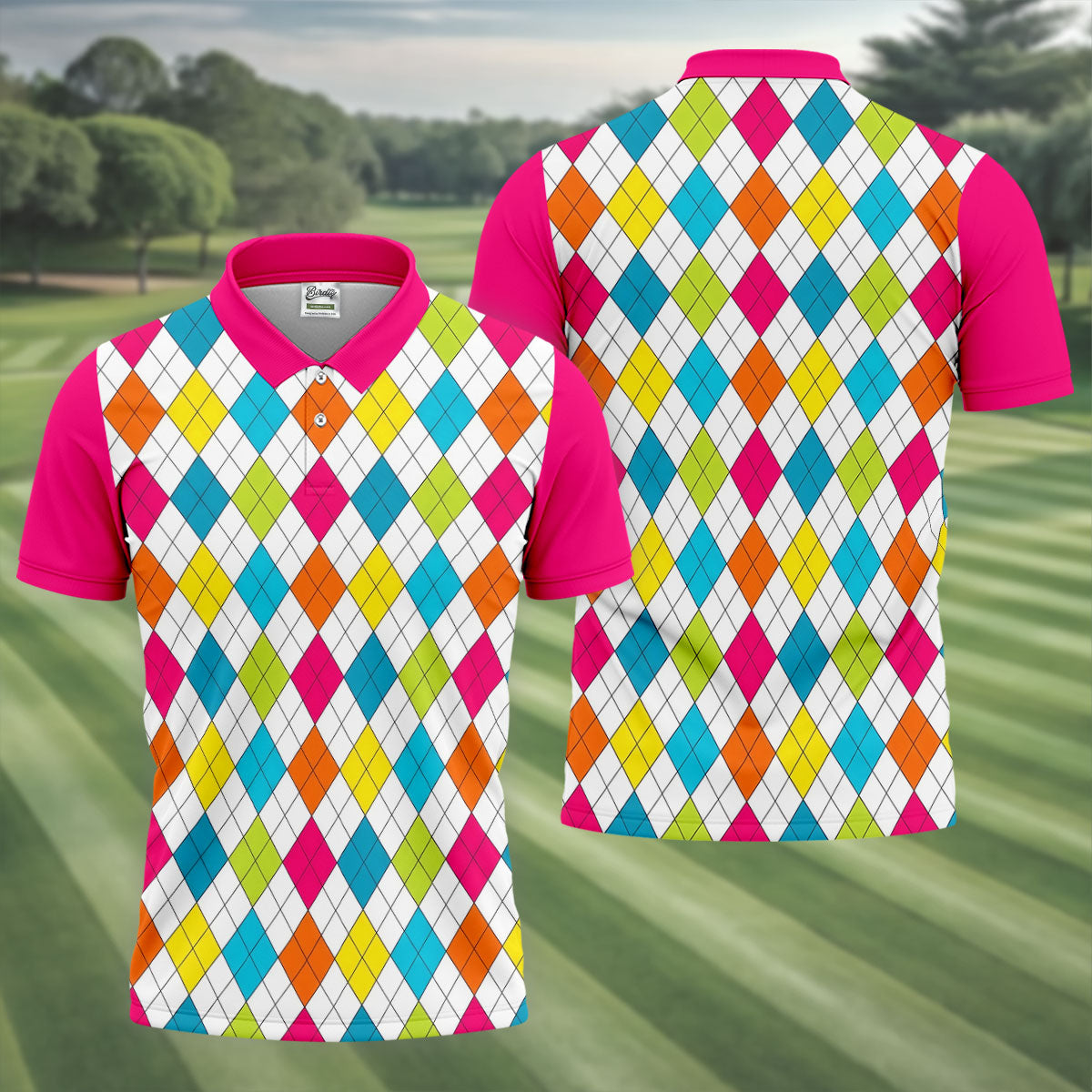 Pink Sleeve Colorful Argyle Plaid Golf Shirt, Mens Golf Polo, Printed Golf Shirts