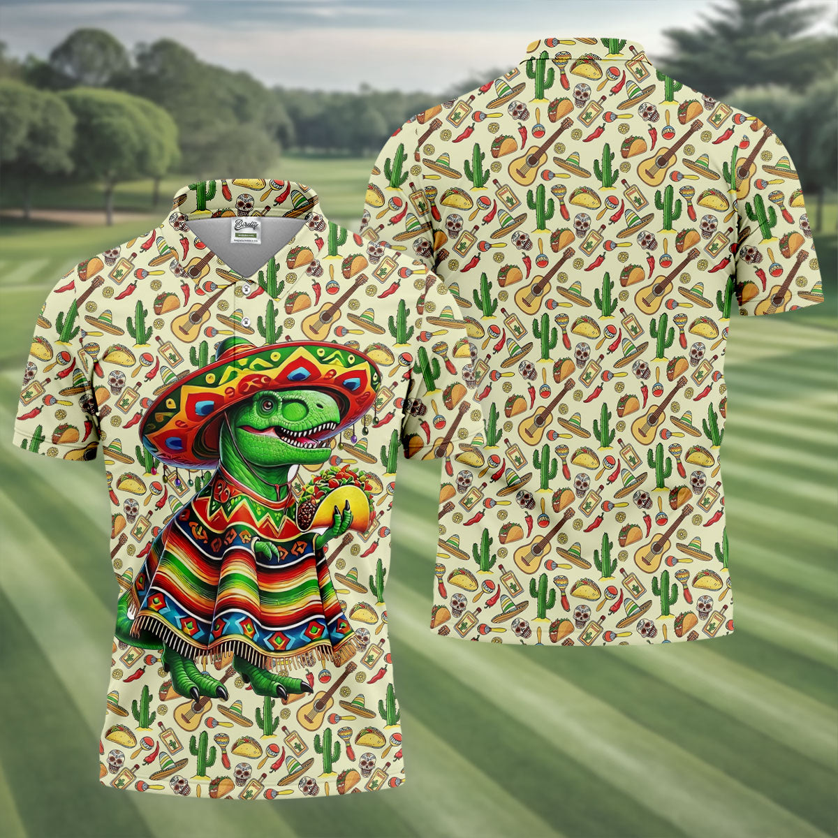 Dinosaur Taco Fiesta Time Golf Tops For Men, Cinco De Mayo Celebration Golf Shirts For Men