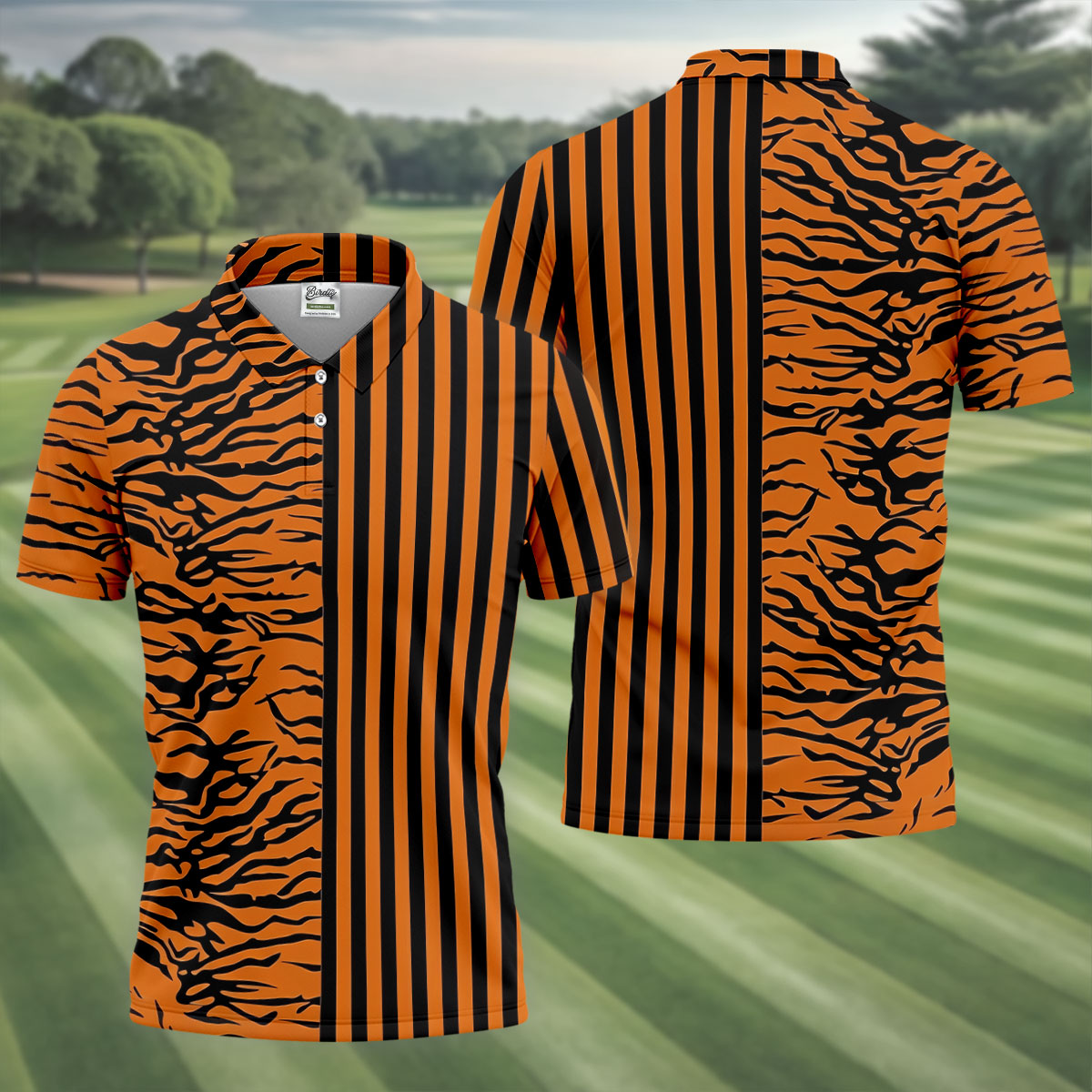 Orange Tiger Stripe Split Pattern Golf Shirt, Mens Golf Polo, Golf Apparel For Men, Golf Polo Shirts For Men