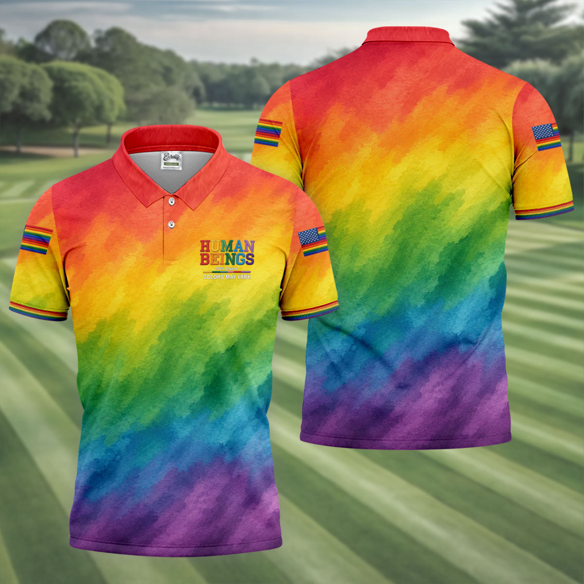 Human Beings LGBT Rainbow Golf Tops For Men, LGBT Pride Month Gradient Watercolor Polo Shirt Men
