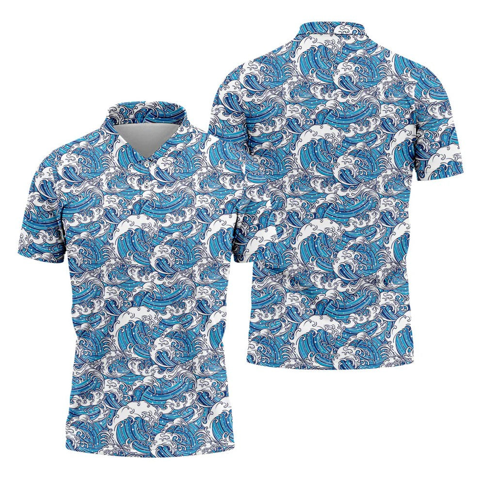 Japanese Wave Art Hawaiian Golf Shirt, Summer Ocean Men's Golf Shirt, Polo Shirts For Men