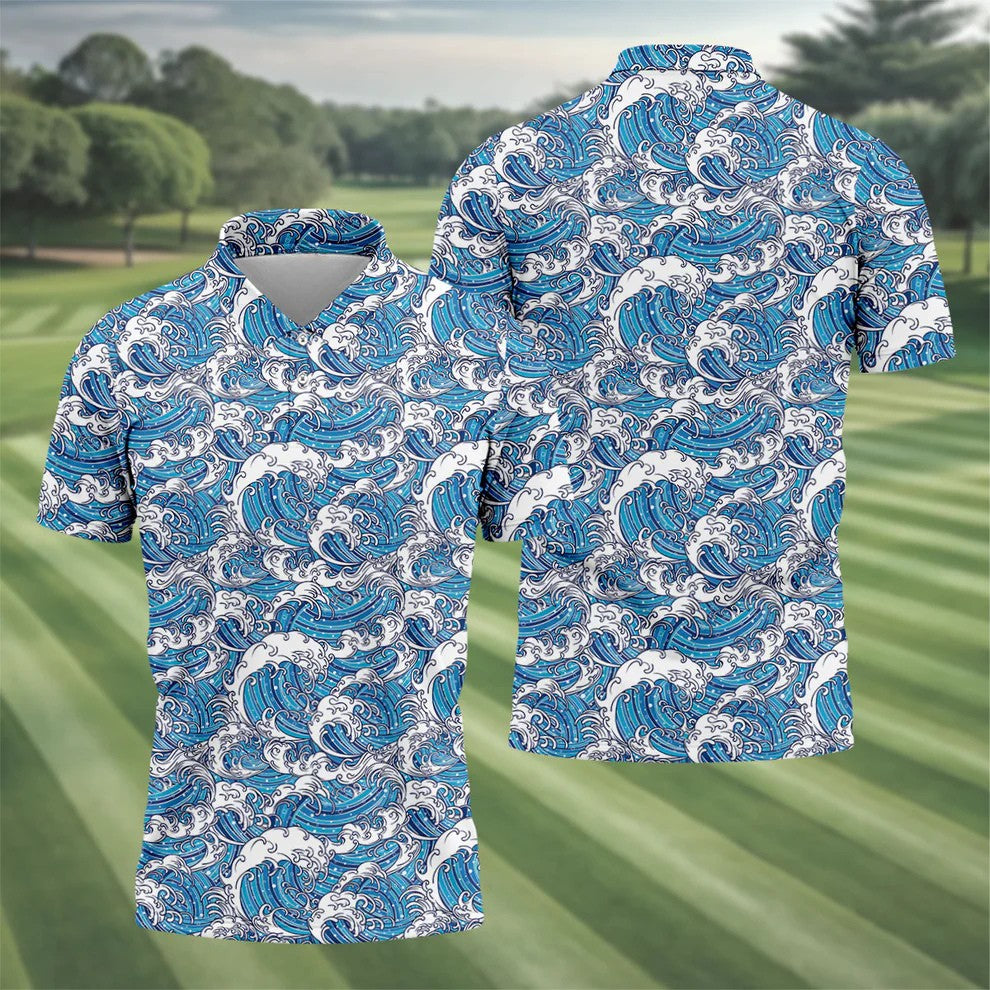 Japanese Wave Art Hawaiian Golf Shirt, Summer Ocean Men's Golf Shirt, Polo Shirts For Men