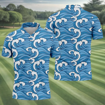 Japanese Wave Golf Shirt, Ocean Wave Pattern Men's Golf Polo, Polo Shirts For Men