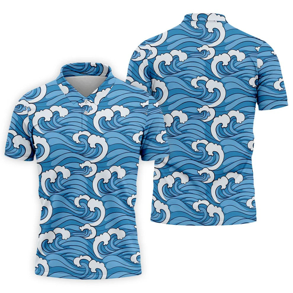 Japanese Wave Golf Shirt, Ocean Wave Pattern Men's Golf Polo, Polo Shirts For Men