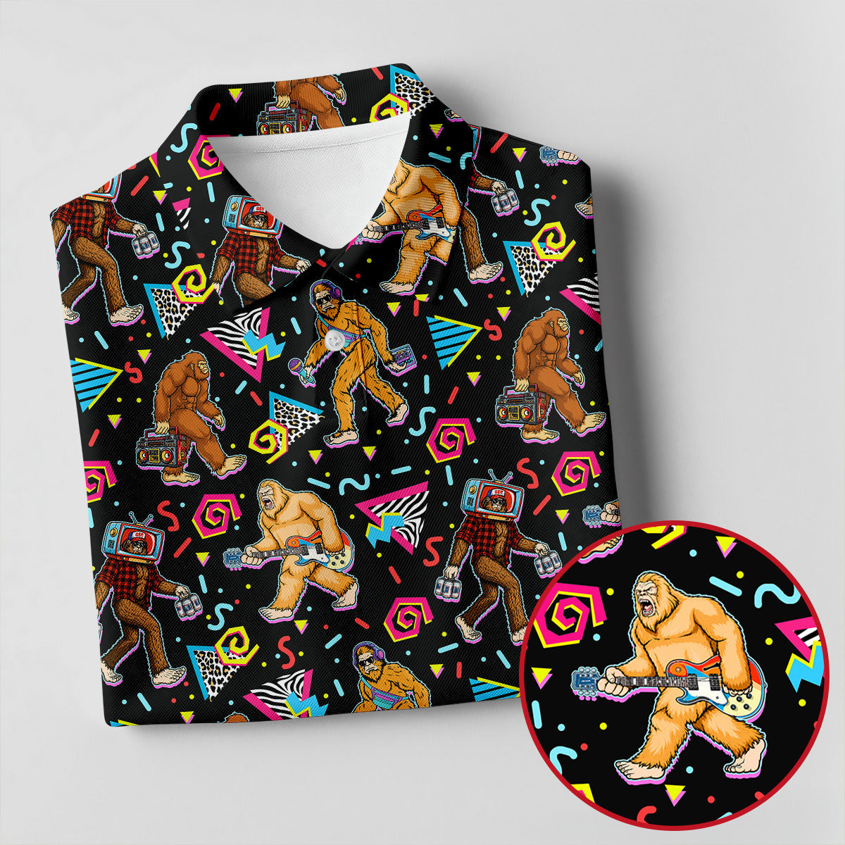 Retro Bigfoot Monkey Guitar Boombox Golf Shirt, Ladies Golf Shirts, Womens Golf Tops, Performance Golf Shirt