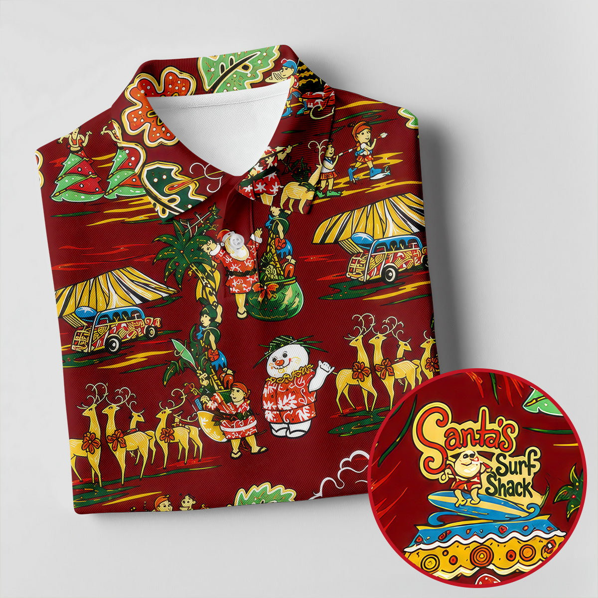 Men's Tropical Santa Surf Shack Golf Shirt, Christmas Golf Shirt, Golf Apparel For Men