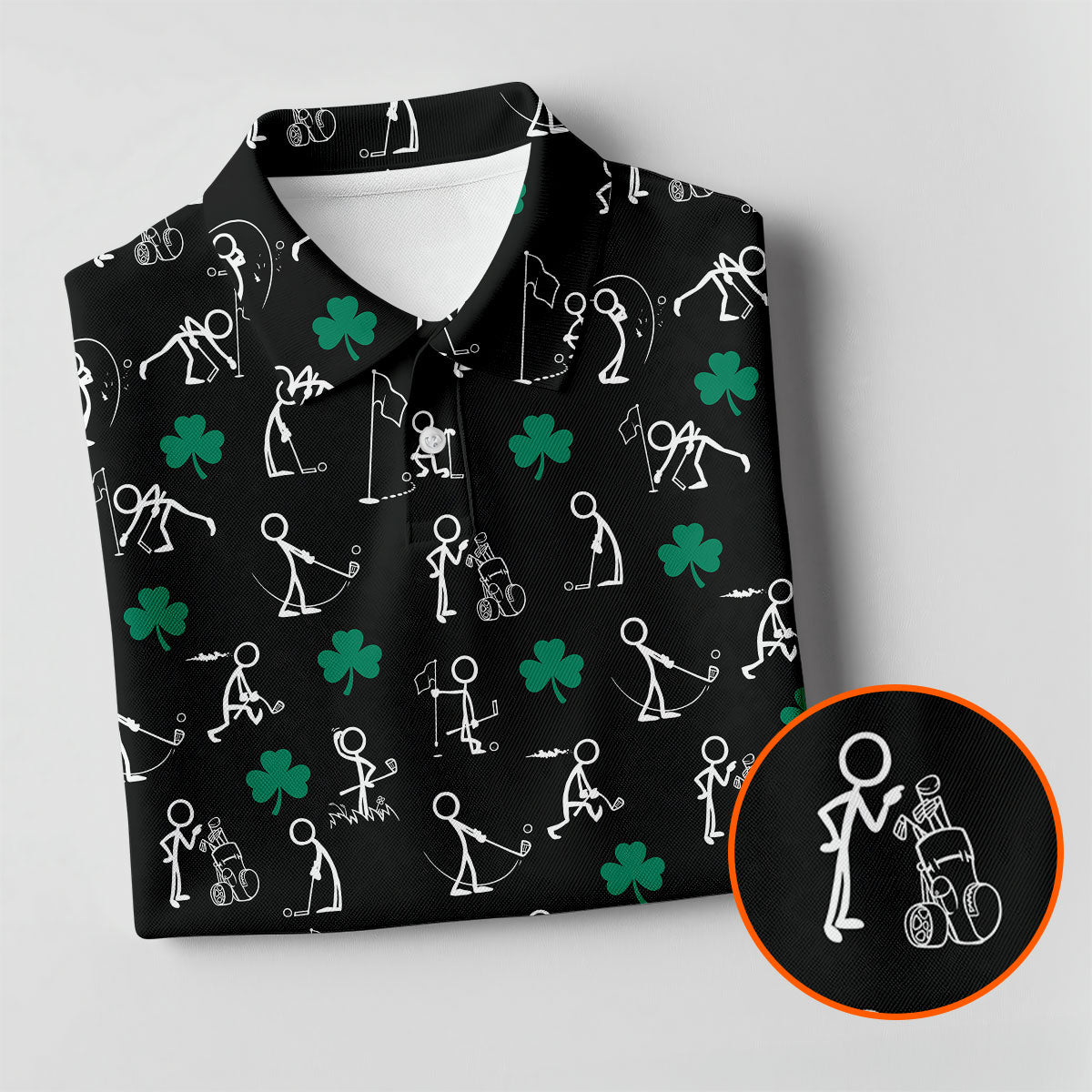 Stick Figure Golf Pose St Patrick's Day Shamrock Black Golf Shirt, Polo ShirtFor Men, Golf Shirts For Men